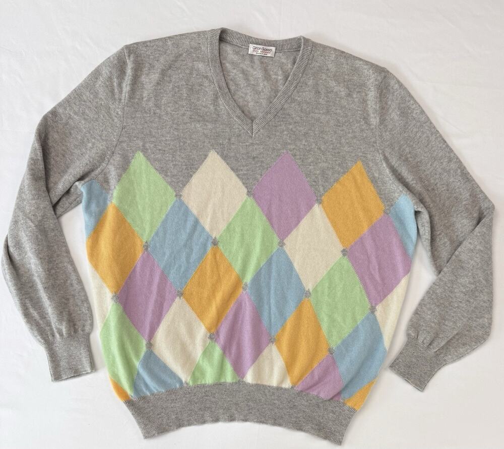 Gran Sasso 100% Cashmere Sweater Pastel Multi Diamond Luxury Made Italy Mens 56